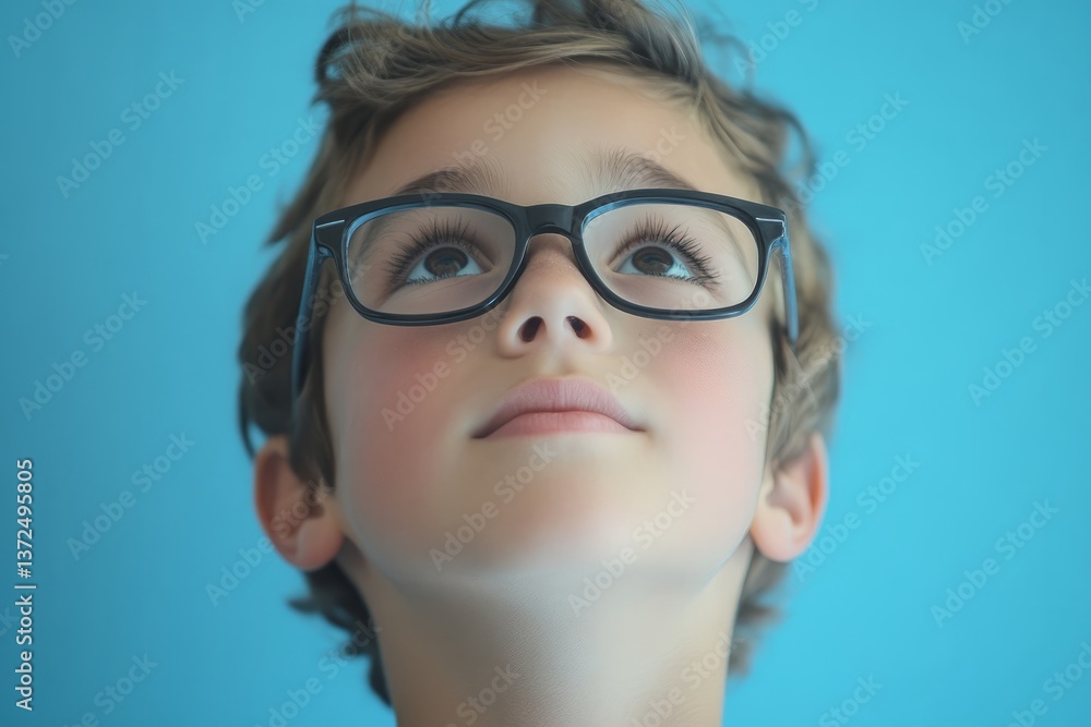 Young boy with glasses looking upwards against a bright blue background in a casual indoor setting