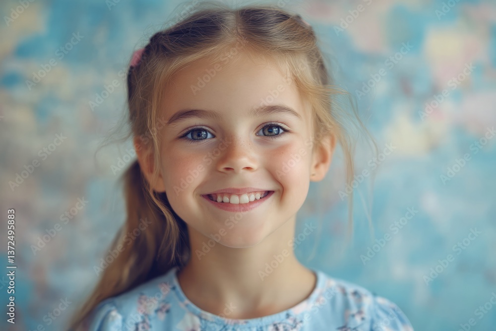 Young girl with bright smile poses against a colorful background during daytime in a studio setting
