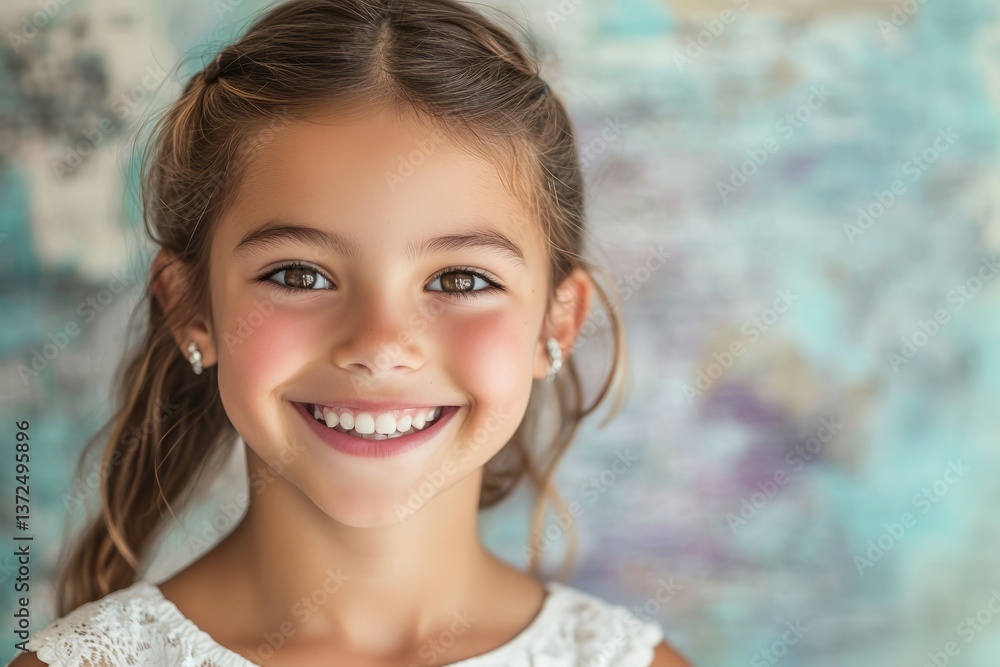 Girl with bright smile poses in front of colorful abstract background indoors during sunny afternoon