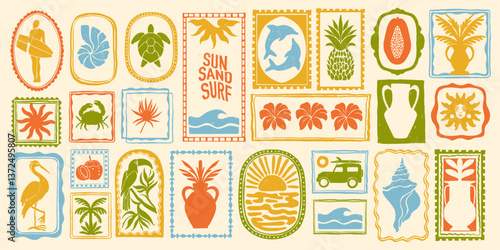 Summer beach tropical travel stamp, vector hand drawn ocean surf print set, coastal postage design. Exotic flowers fruit silhouette, vintage Hawaii island tourism symbol. Travel stamp retro graphic