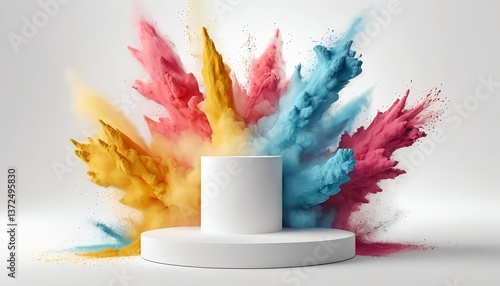 Colorful Powder Explosion with White Product Display Stand