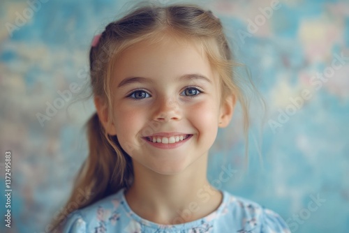 Obraz na płótnie Young girl with bright smile poses against a colorful background during daytime in a studio setting w salonie