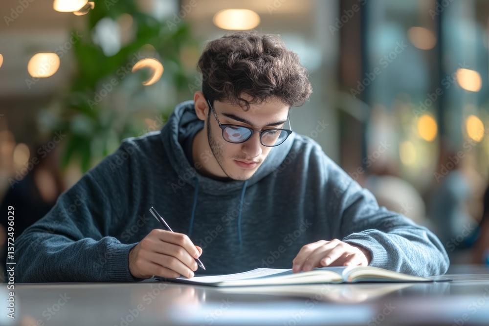 Student studying diligently at a table in a modern library during afternoon hours