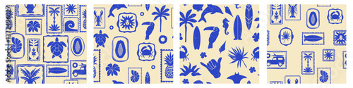 Tropical summer exotic seamless pattern set, vector hand drawn ocean surf vintage print texture. Coastal ethnic nature mosaic background Hawaii island abstract design. Ethnic summer pattern collection