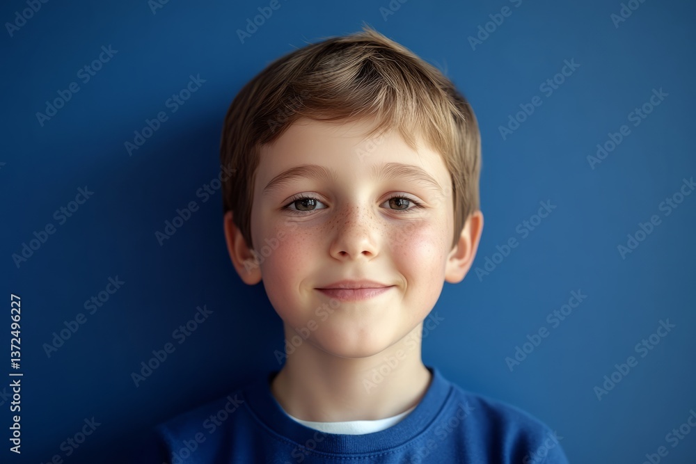 Smiling boy against a blue wall, expressing joy and innocence in a cozy indoor setting