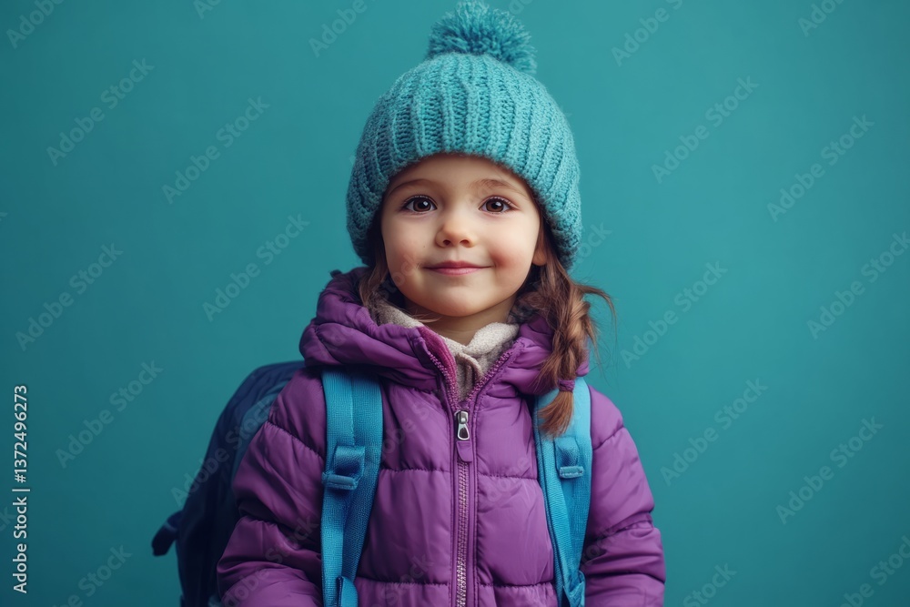 Young girl wearing a teal knitted hat and purple jacket with a backpack against a blue background