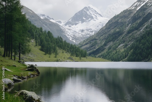 Serene lake nestled in valley with snowy mountain backdrop
