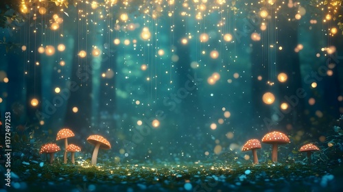 Enchanted Forest with Glowing Lights and Mushrooms