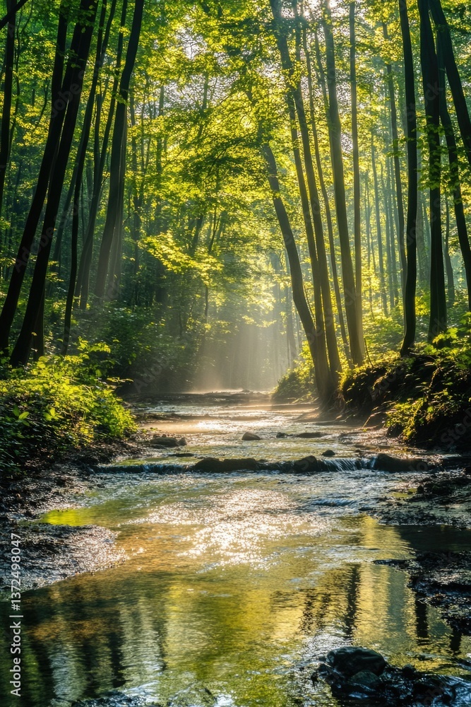 Obraz premium The serene Bamboo Grove, illuminated by sunlight and sustained by gentle streams.