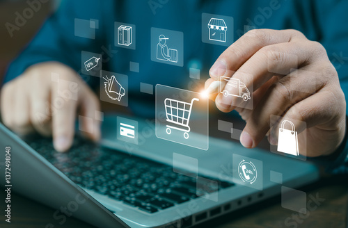 Digital marketing and financial. Pressing on cart while online shopping. Marketing suppliers offer discounts, free shipping, and delivery 24 hours a day. Marketplace platform digital marketing.