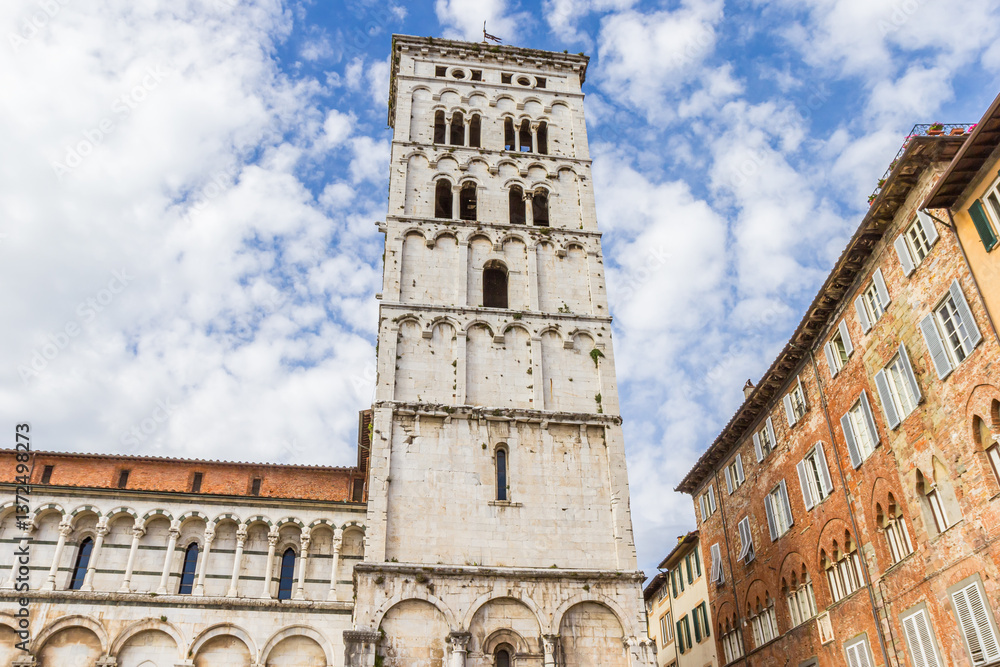 Tower of the historic San Michele church in Lucca, Italy