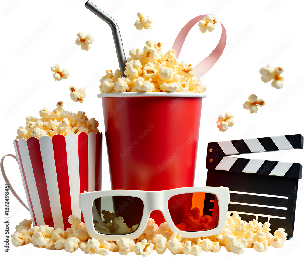 Movie Night Treats: Popcorn, 3D Glasses, Clapperboard, transparent background.