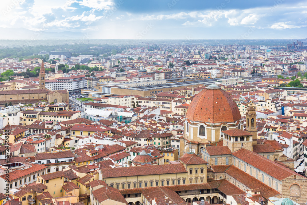 Aerial view over the San Lorenzo church in Florence, Italy