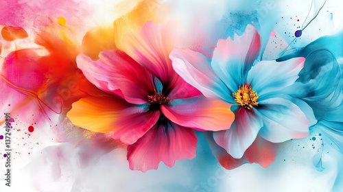 Fototapeta Naklejka Na Ścianę i Meble -  Two abstract flowers bloom with vibrant petals and golden centers against a watercolor style background.