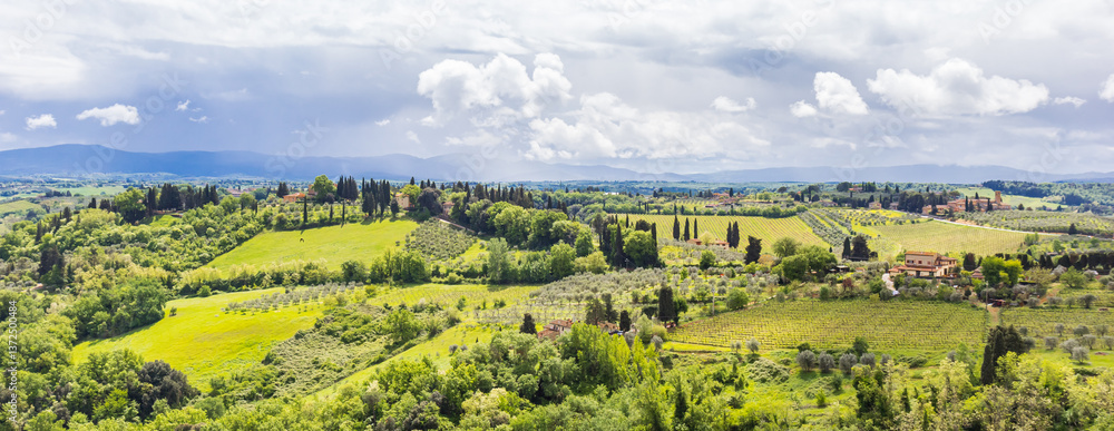 Panoramic view over the Tuscany landscape from San Gimignano, Italy
