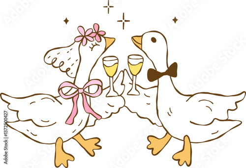 Hand drawn wedding cute silly goose, Bride and groom duck vector, Silly Bride Goose, Cute duck couple