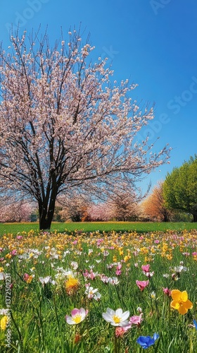 Wallpaper Mural A Beautiful Landscape Showcasing Blooming Trees And Colorful Flowers Torontodigital.ca