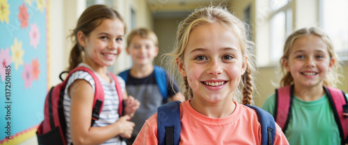 Smiling children in school hallway having fun
