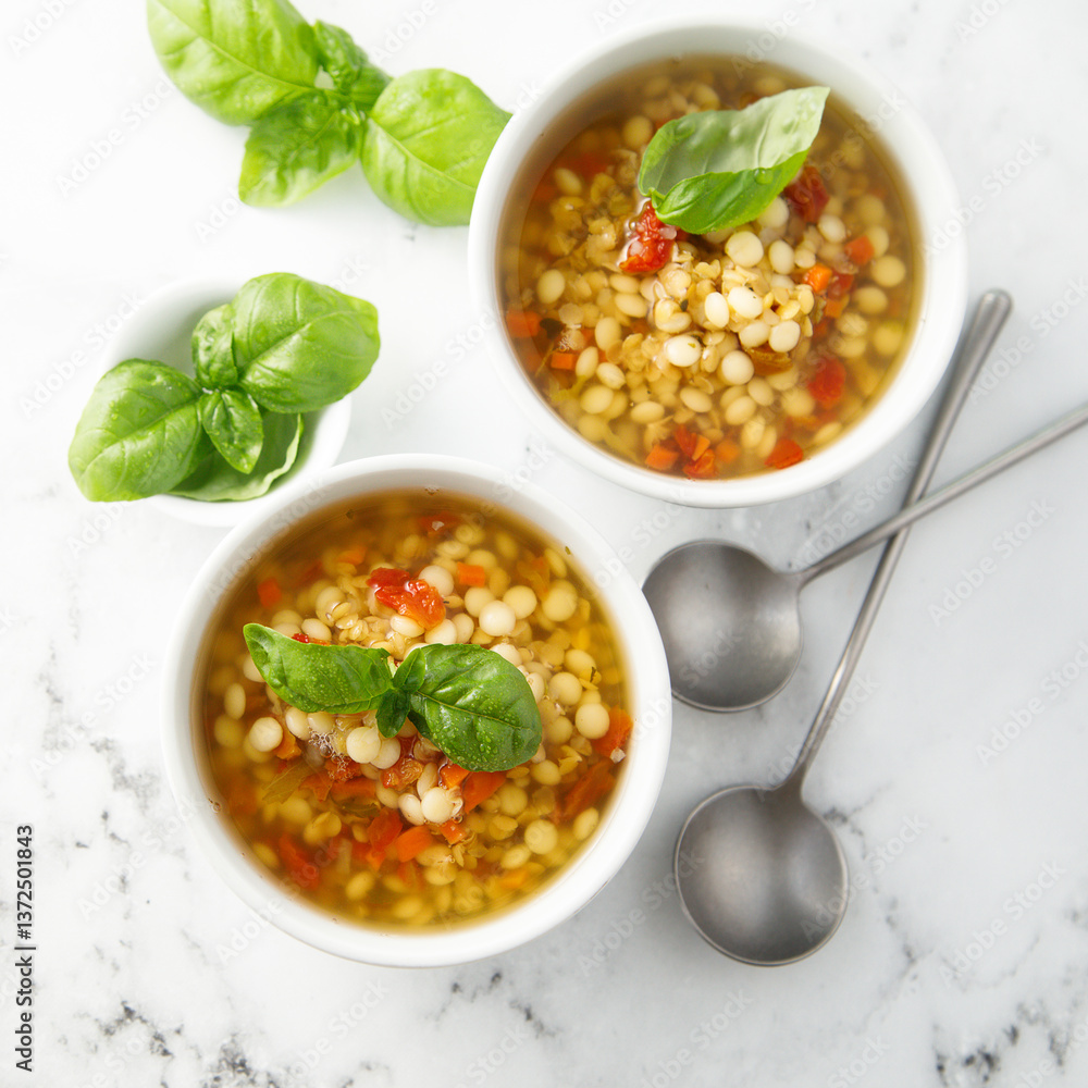 Vegan lentils soup with fresh basil Vegan lentils soup with fresh basil