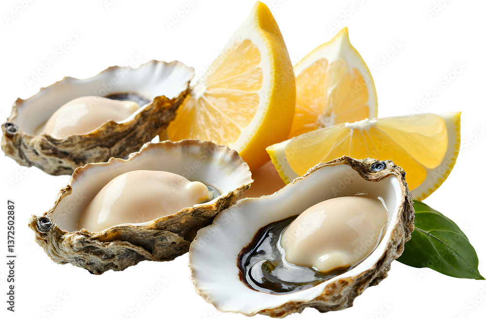 Raw Oysters & Lemon Slices, Fresh Seafood, Transparent Background.