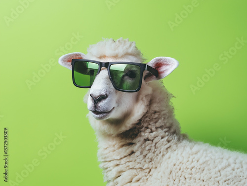 Funny sheep wearing stylish sunglasses against a green background, cool animal portrait