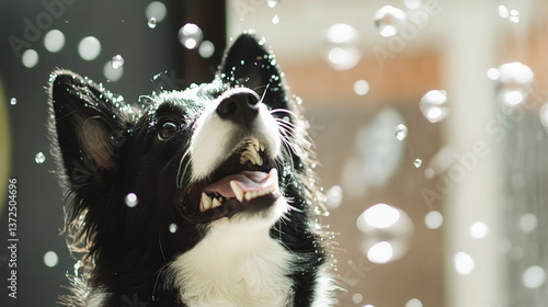 joyful black and white dog playfully interacts with floating bubbles in sunlit room, capturing moment of pure delight and curiosity