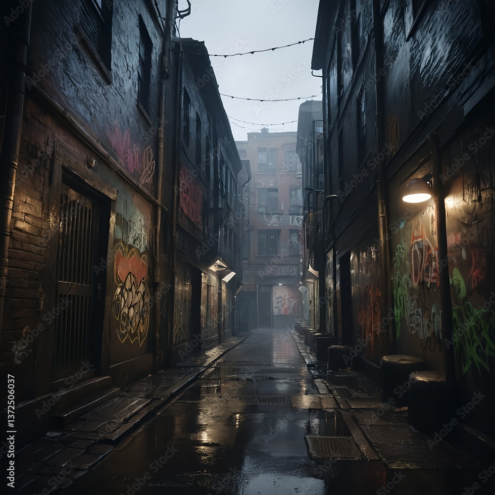Fototapeta premium Rainy Night in a Graffiti Alley