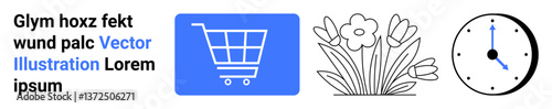 Blue shopping cart icon, floral illustration, and clock with black hands. Ideal for retail, e-commerce, nature, gardening, scheduling, punctuality and simple landing page