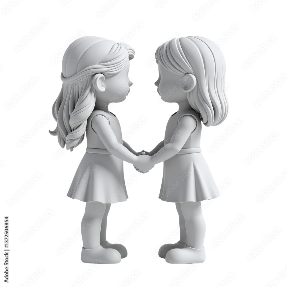 Two white dolls holding hands, facing each other. Perfect for illustrating sisterhood, friendship, or childhood innocence. Two white dolls holding hands, facing each other. Perfect for illustrating sisterhood, friendship, or childhood innocence.