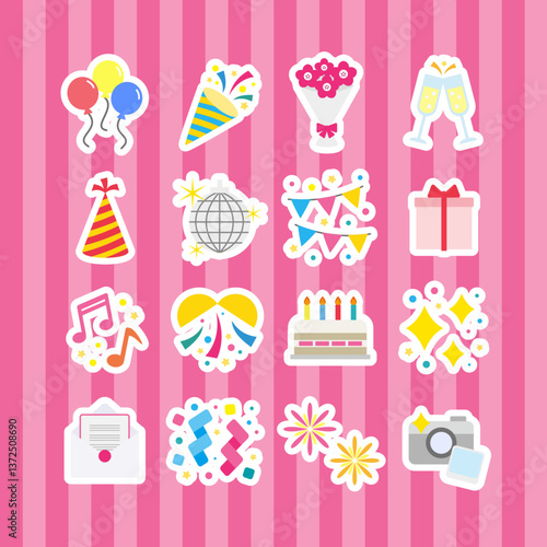パーティアイコンセット：お祝いと楽しい時間のステッカー風イラスト - Party Icon Set: Sticker-Style Illustrations of Celebration and Fun Time
