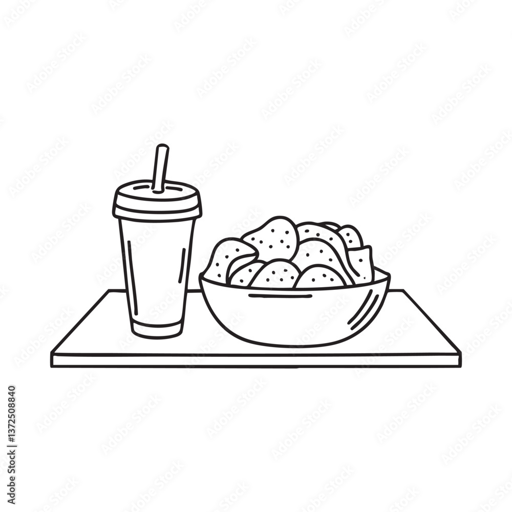A table with a large bowl of potato chips and drink A table with a large bowl of potato chips and drink