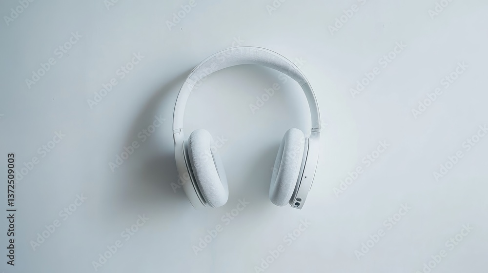 White wireless headphones sit on a smooth surface, showcasing a minimalist and modern design in a well-lit environment White wireless headphones sit on a smooth surface, showcasing a minimalist and modern design in a well-lit environment