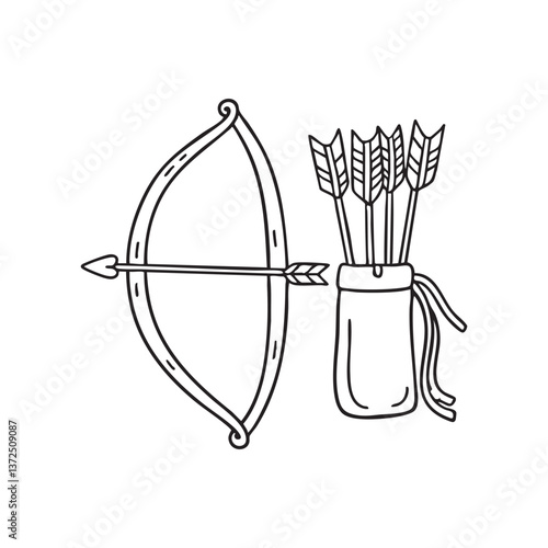 A leather pouch holding arrows, with a bow resting beside it