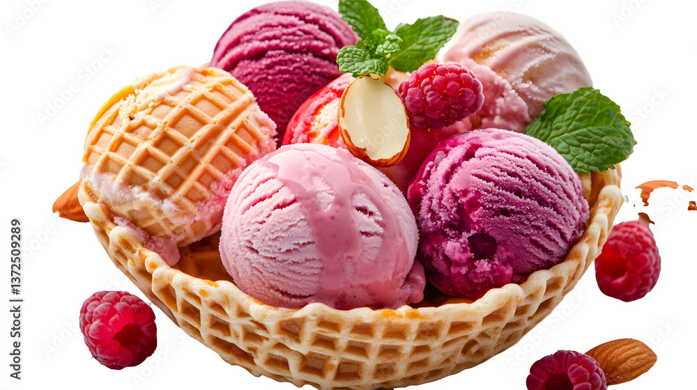 Strawberry Ice cream with waffle basket isolated on white background
