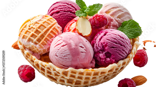 Obraz na płótnie Strawberry Ice cream with waffle basket isolated on white background
w salonie