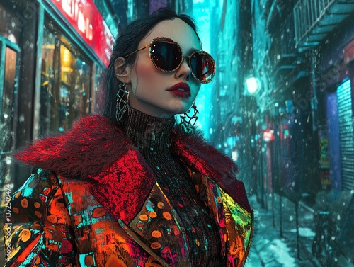 Trendy woman with sunglasses in urban winter scene.