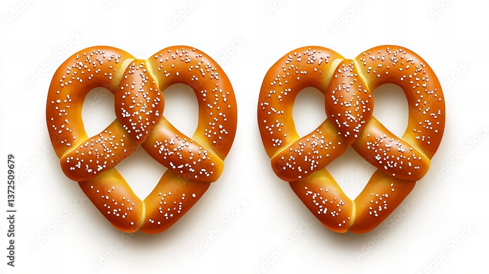Fototapeta premium Two pretzels are displayed side by side on a bright white surface, featuring many small salt grains sprinkled on top.
