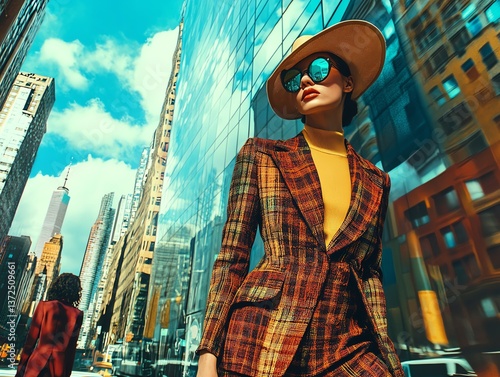 Fashionable woman in urban cityscape style.