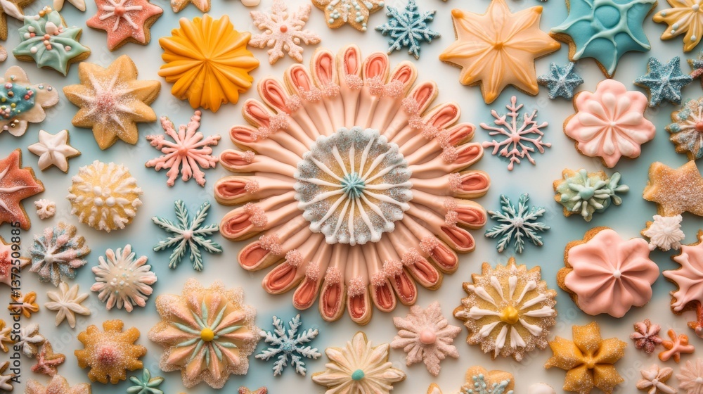 Top view of festive cookie assortment arranged in a radial pattern, featuring snowflake, star, and tree shapes with colorful icing Top view of festive cookie assortment arranged in a radial pattern, featuring snowflake, star, and tree shapes with colorful icing
