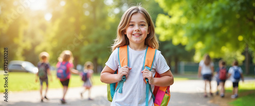 Smiling girl carrying backpack on sunny park path