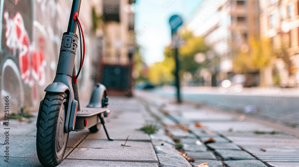 Obraz premium Modern electric scooter parked on city sidewalk, compact and eco-friendly urban transportation for sustainable mobility and green lifestyle concept.