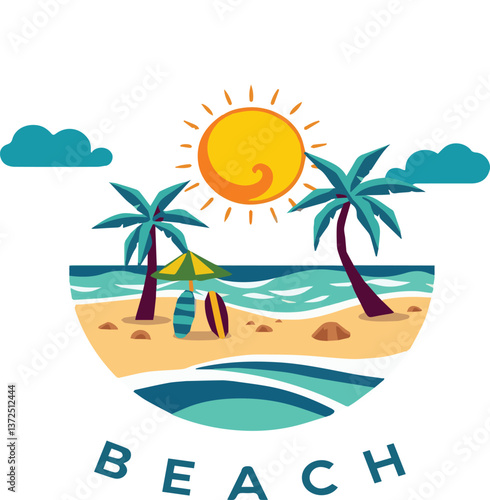 A vibrant beach setting featuring sun, palm trees, and surfboards suitable for travel and leisure promotions.