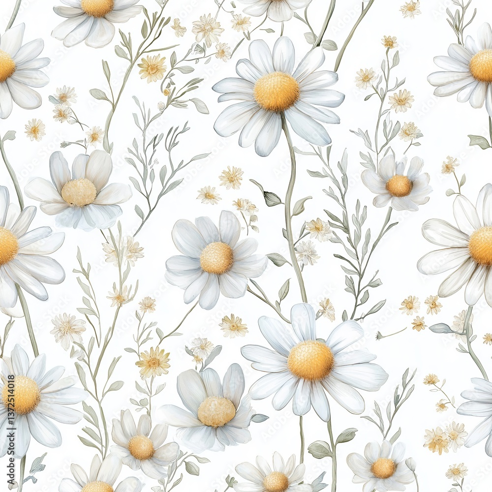 Fototapeta premium Seamless pattern with delicate chamomile flowers and soft greenery on white