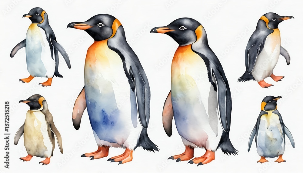 Fototapeta premium Watercolor King Penguins A Family Portrait