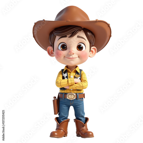 Adorable 3D rendered cartoon cowboy boy, arms crossed, smiling. Perfect for kids projects, websites or animation.