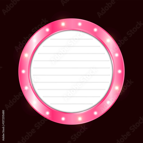 Retro sign frame. Retro circle frame with light bulb. pink retro circle with light bulb
