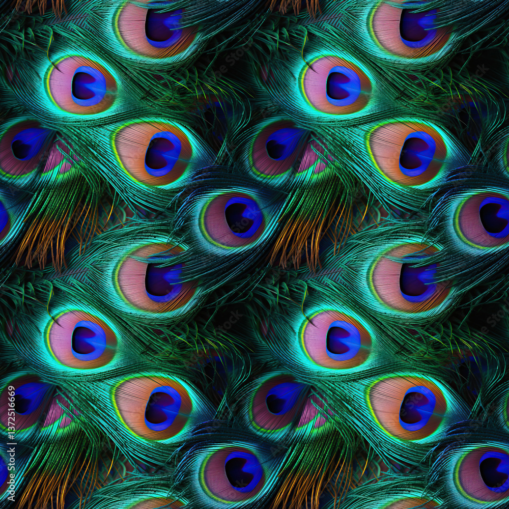 Obraz premium Realistic peacock feathers in rich green, teal and blue tones with eye-catching iridescence