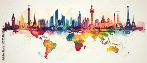 world map with iconic landmarks and colorful cultural buildings, representing various global traditions and architectural styles, bright and vivid colors, highresolution design
