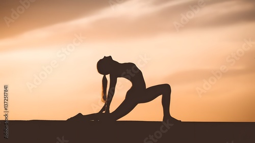 Silhouette Yoga Pose Against Sunset Sky