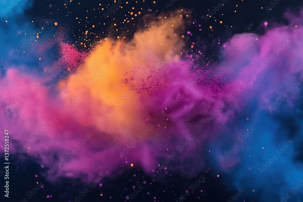 Vibrant clouds of colorful powder explode in the air, creating a dynamic mix of purple, orange, and blue hues Vibrant clouds of colorful powder explode in the air, creating a dynamic mix of purple, orange, and blue hues